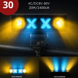 Luz de exploradora lineal con dos focos amarillos y dos luces azules en forma de X, montada sobre tubo negro. Vista frontal y superior. 2400 lúmenes.